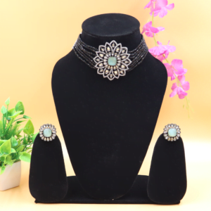 Mukta Choker Set with Black beads and Sky-Blue Stones |Zirconia |Kundan | Black Metal