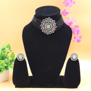 Mukta Choker Set with Black beads and Sky-Blue Stones |Zirconia |Kundan | Black Metal