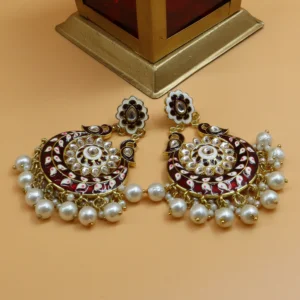 Aalekhya Maroon and White Meenakari Chandbali | Peacock Motif | Hand Painted | Meenakari | Pearls and Kundan