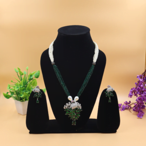 Abhedyaa Zirconia Necklace Set with Green and White Beads | Green and White Zircon & Pearl Set