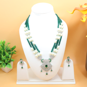 Abhedyaa Zirconia Necklace Set with Emerald and Zircon Stones | Emerald and Zircon | Pearls | Glittering Green Beads