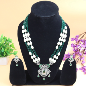 Abhedyaa Zirconia Necklace Set with Emerald and Zircon Stones | Emerald and Zircon | Pearls | Glittering Green Beads