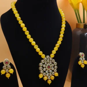 Charuratna Kundan Meena Pendant Set with a string of yellow beads |Necklace with Matching Earrings.