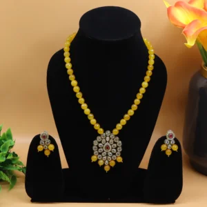 Charuratna Kundan Meena Pendant Set with a string of yellow beads |Necklace with Matching Earrings.