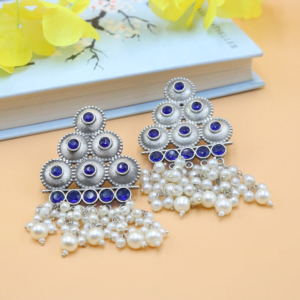 Jeena Silver Tone Earrings with Blue stones and Pearls Dangles