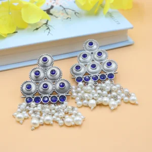 Jeena Silver Tone Earrings with Blue stones and Pearls Dangles