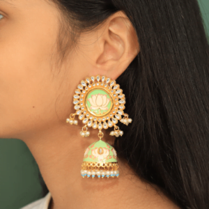 Light Green Meena Kundan Jhumkis with Lotus painting | Long Jhumkis | Hand Painted