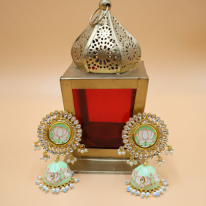 Light Green Meena Kundan Jhumkis with Lotus painting | Long Jhumkis | Hand Painted