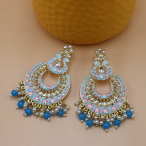 Aalekhya Sky Blue Meenakari Chaandbaali with Peacock Motif, Kundan Stones, and Pearls Drops | Chandbali | Hand Painted