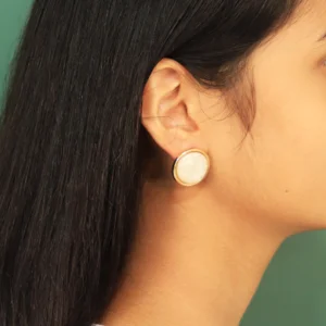 Round Beige Stud Earrings with Golden Border