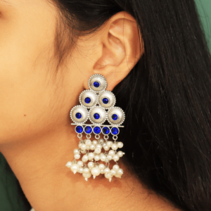 Jeena Silver Tone Earrings with Blue stones and Pearls Dangles