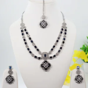 Abhedyaa Zirconia Necklace Set and Mangtika with Blue Stones