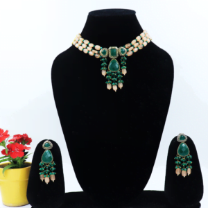 Mukta Peach Beads Choker Set with Green Stones