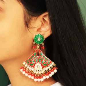 Aalekhya Red and Green Meena Kundan Dangle Earrings | Hand Painted