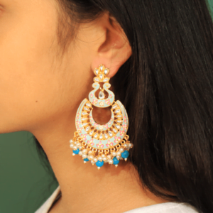 Aalekhya Sky Blue Meenakari Chaandbaali with Peacock Motif, Kundan Stones, and Pearls Drops | Chandbali | Hand Painted