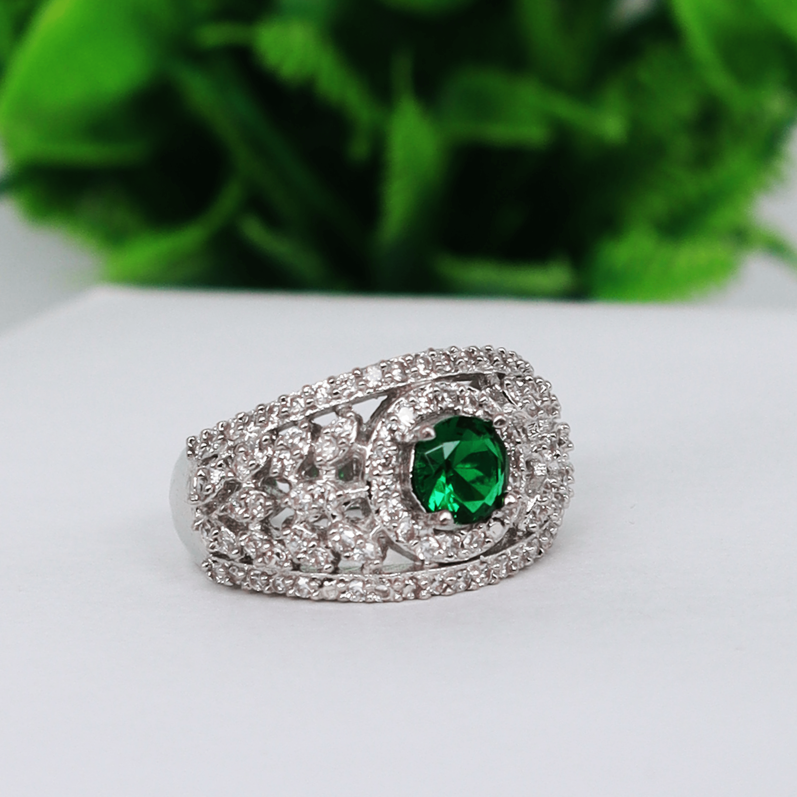 AD and Green Stone Statement Ring